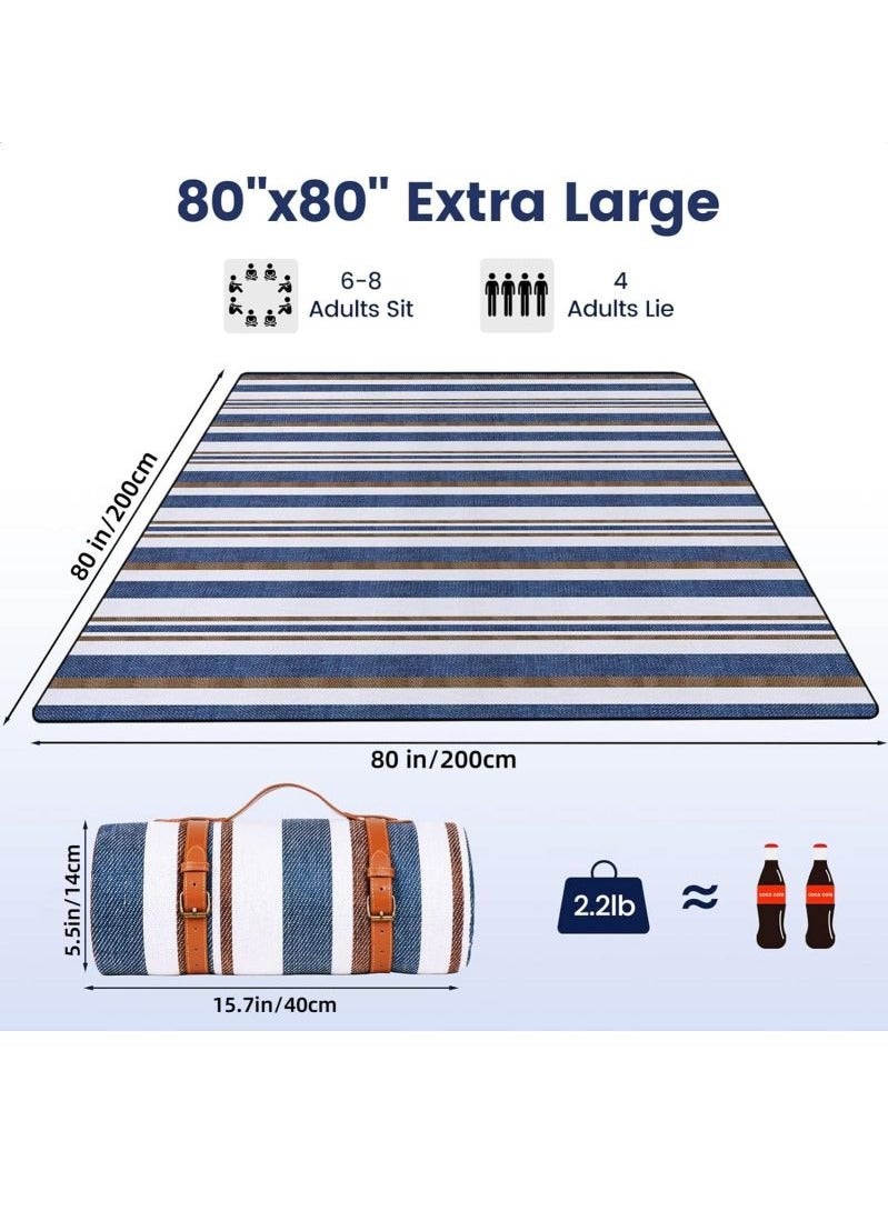 بطانية نزهة مخططة 200×200 سم، كبيرة، مقاومة للماء، قابلة للطي، لشاطئ، تخييم، سفر، متنزهات، أزرق وأبيض، أزرق وبني - Image 2
